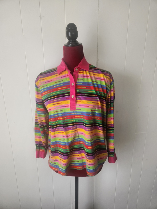 Tops - Colorful Striped Polo Top with Pink Trim